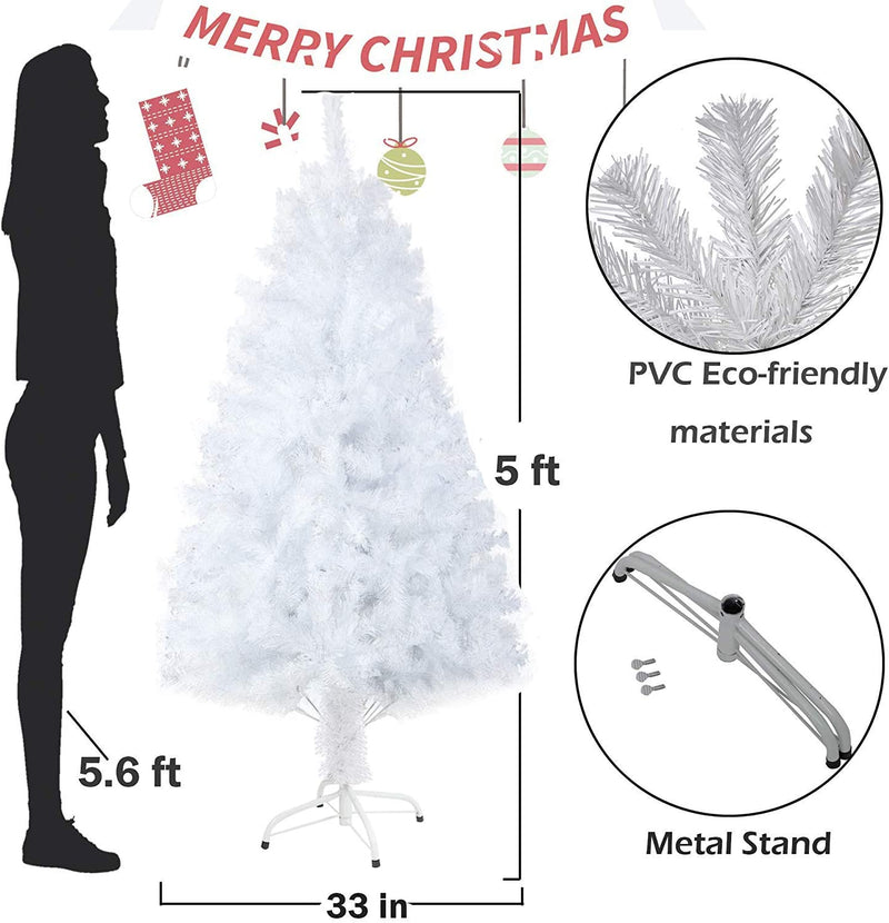 5' Artificial Christmas Tree White Small Fake Xmas Tree Realistic Pine Trees with Solid Metal Stand, 450 Tips