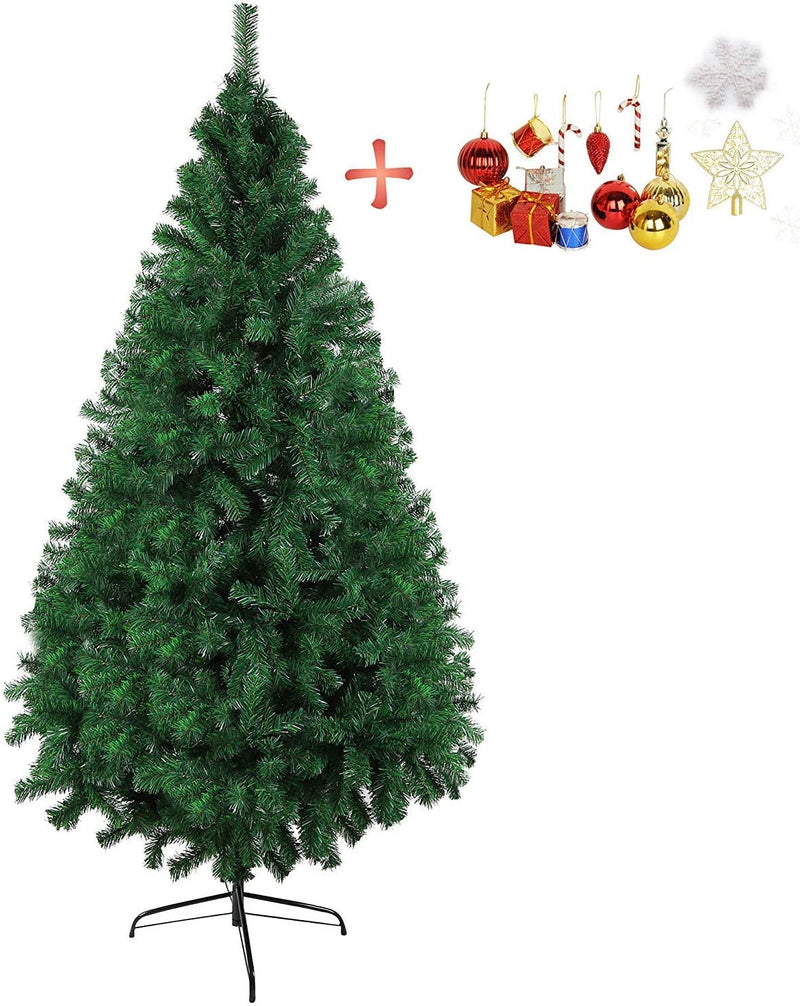 7' Christmas Pine Tree Artificial Fake Xmas Tree with Solid Metal Stand and Decoration for Festival Party Holiday, Green