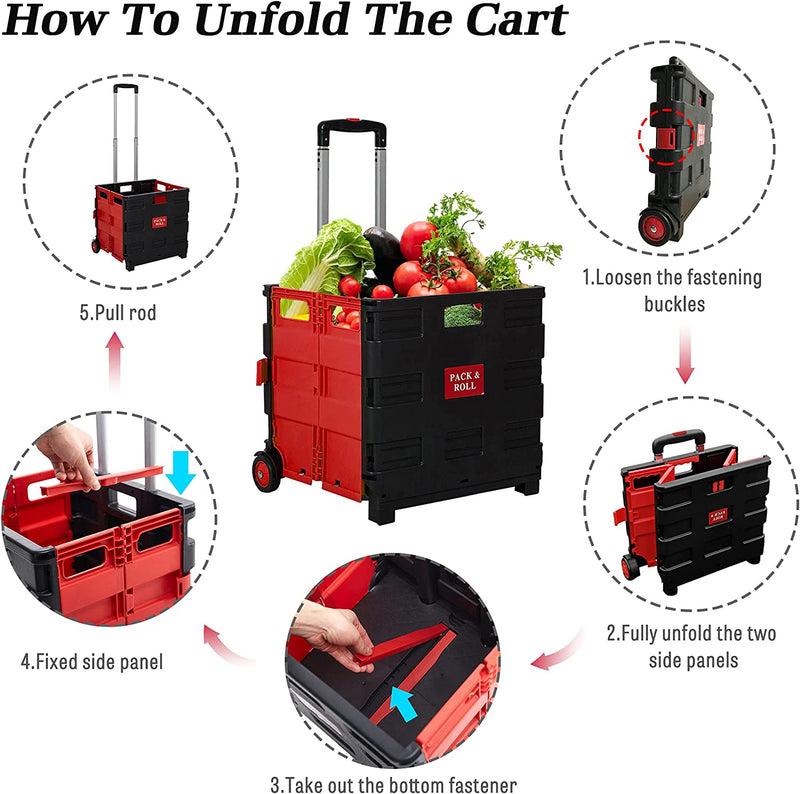 56L Large Folding Rolling Utility Shopping Cart with Wheels, Black & Red