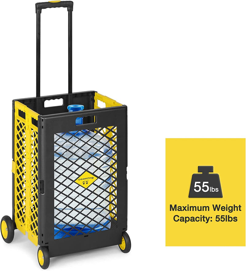 55L Foldable Rolling Cart with Wheels, Portable Updated Utility Tools Rolling Crate w/ Telescopic Handle, Yellow