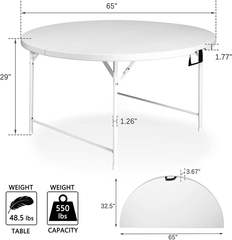 65" Dia Round Dining Table Comfortable, White Patio Plastic Folding Table for Outdoor