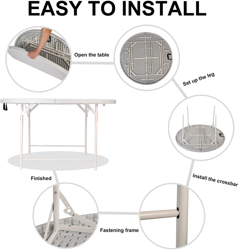 53" Diameter Round Folding Table Portable Plastic Dining Card Table for 6-8, White