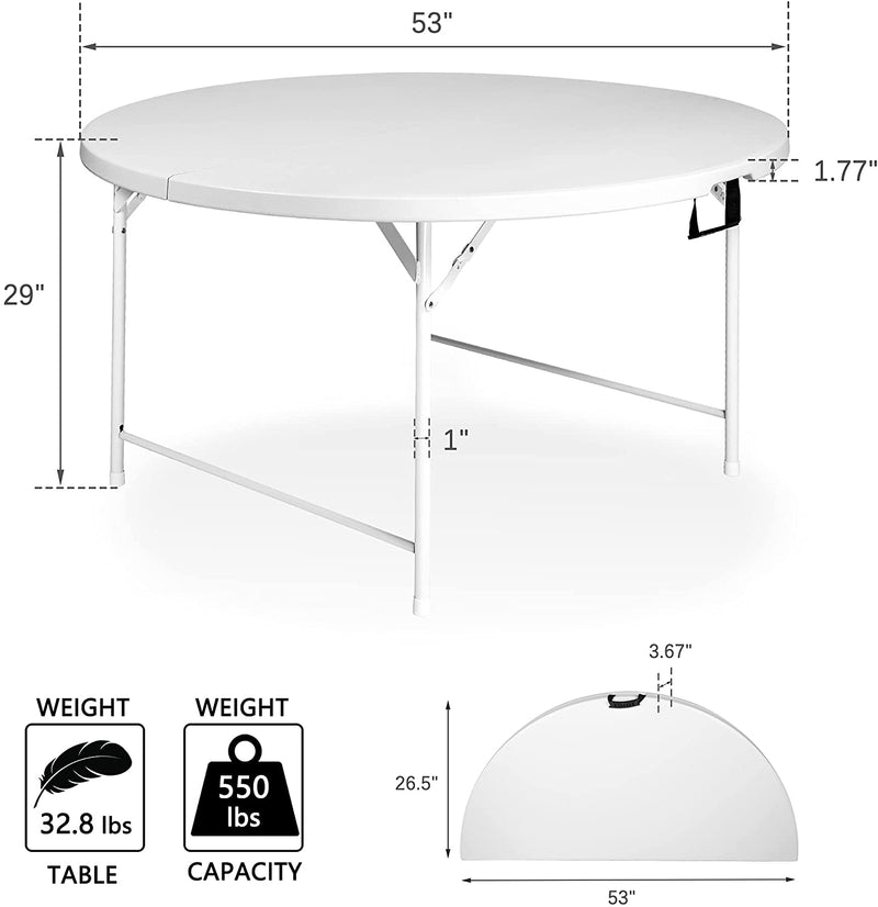 53" Diameter Round Folding Table Portable Plastic Dining Card Table for 6-8, White