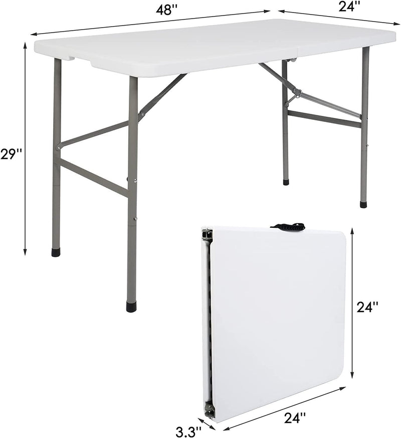 4FT Fold-in-Half Camping Table 48'' White Portable Folding Table w/Handle for Office, Picnic, Wedding