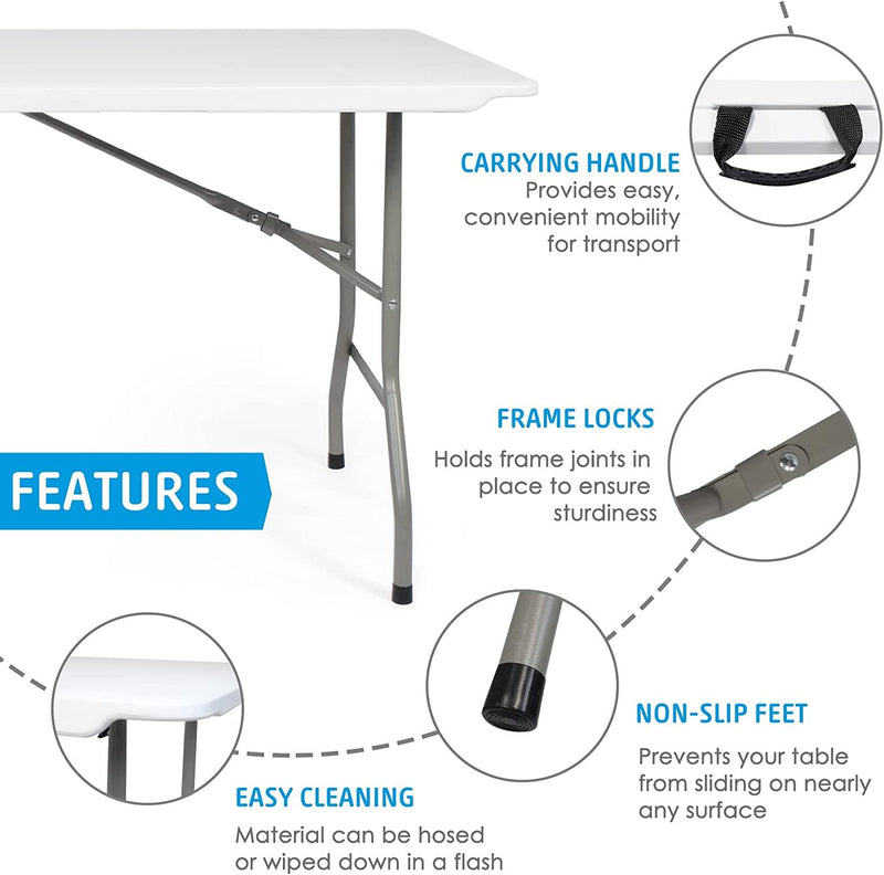 6FT Outdoor Folding Table, 71'' Event Commercial Table Fold-in-Half Camping Table w/Handle for Office, Beach, Picnic, Garden