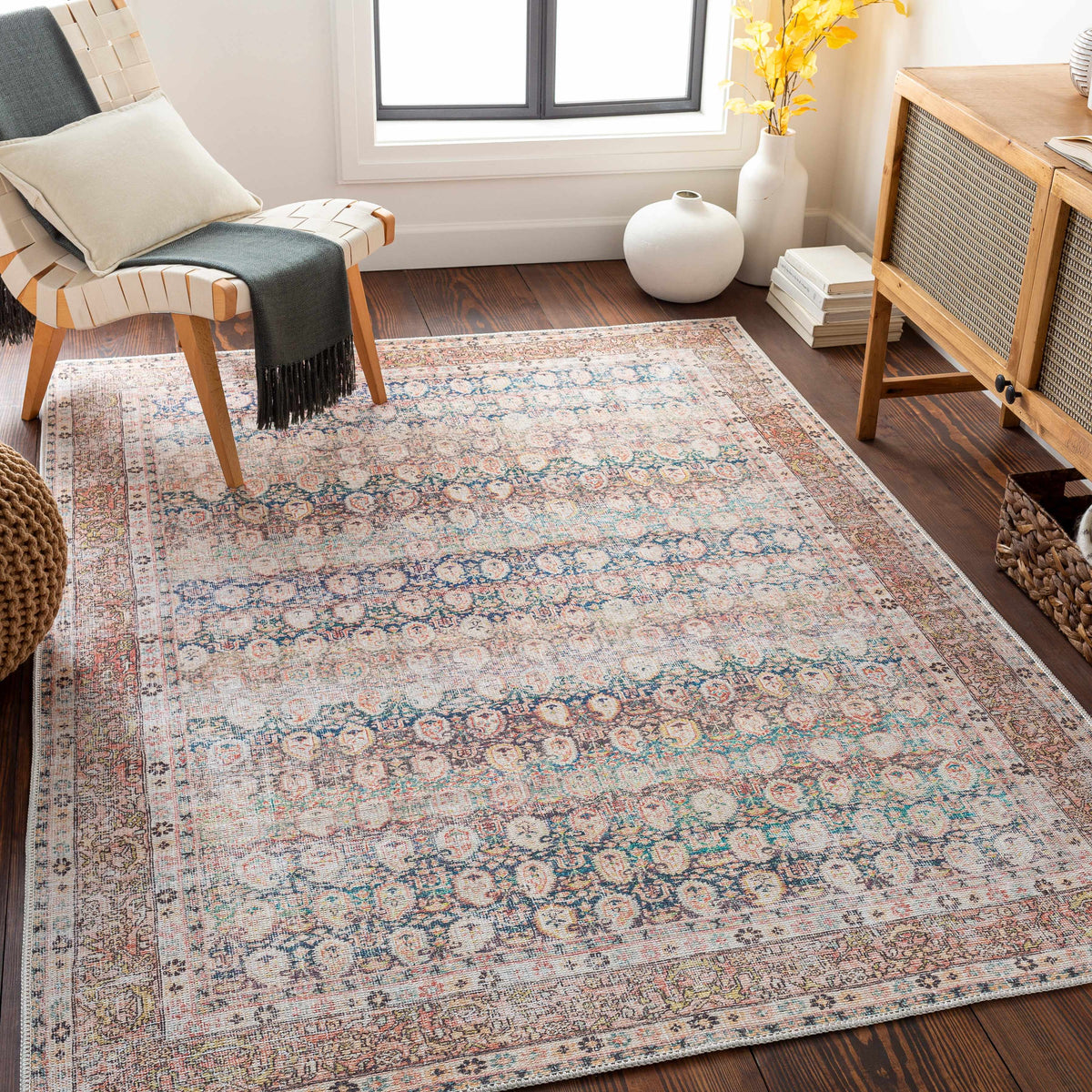 Rust Maligaya Distressed Washable Area Rug, installed in a room