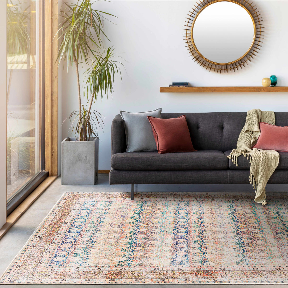 Rust Maligaya Distressed Washable Area Rug, installed in a room