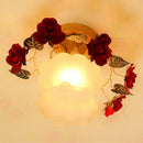 GobekUsa Korean Garden Ruffle Semi Flush Mount Lamp - Frost White Glass Ceiling Light with Red Rose Deco