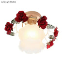 GobekUsa Korean Garden Ruffle Semi Flush Mount Lamp - Frost White Glass Ceiling Light with Red Rose Deco