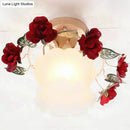 GobekUsa Korean Garden Ruffle Semi Flush Mount Lamp - Frost White Glass Ceiling Light with Red Rose Deco