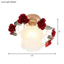 GobekUsa Korean Garden Ruffle Semi Flush Mount Lamp - Frost White Glass Ceiling Light with Red Rose Deco