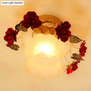GobekUsa Korean Garden Ruffle Semi Flush Mount Lamp - Frost White Glass Ceiling Light with Red Rose Deco