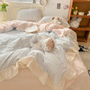 GobekUsa Korean Grid Lace Washed Cotton Bedding Set, Cozy Comforter Cover Single Double Queen