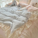 GobekUsa Korean Grid Lace Washed Cotton Bedding Set, Cozy Comforter Cover Single Double Queen