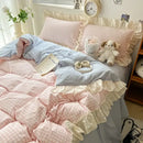 GobekUsa Korean Grid Lace Washed Cotton Bedding Set, Cozy Comforter Cover Single Double Queen