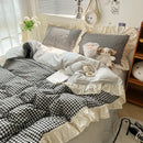 GobekUsa Korean Grid Lace Washed Cotton Bedding Set, Cozy Comforter Cover Single Double Queen