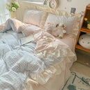 GobekUsa Korean Grid Lace Washed Cotton Bedding Set, Cozy Comforter Cover Single Double Queen