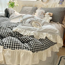 GobekUsa Korean Grid Lace Washed Cotton Bedding Set, Cozy Comforter Cover Single Double Queen
