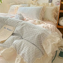 GobekUsa Korean Grid Lace Washed Cotton Bedding Set, Cozy Comforter Cover Single Double Queen