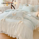 GobekUsa Korean Lace Bow Bedding Set: Luxury Princess Quilt Cover for Girls Wedding Home Textiles