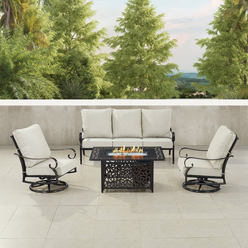 Black Aluminum Fire Table Set with Sofa and Two Club Chairs