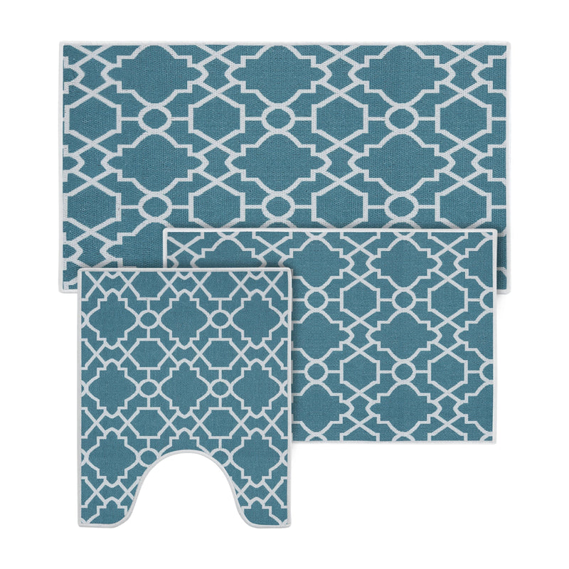 Geometric Graphic Design 3 Piece Bathroom Rugs Set | Teal