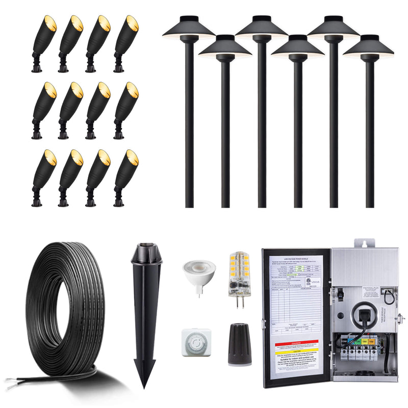 Gardenreet Brass Landscape Lighting Kit (6/8/12 Spotlights, 2/4/6 Path Lights) With 12V Transformer and Mechanical Timer and Cable and Wire Connectors for Outdoor Garden Patio Driveway (2105+2401)