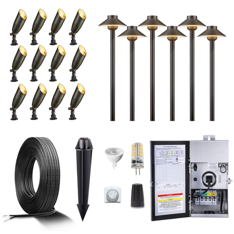 Gardenreet Brass Landscape Lighting Kit (6/8/12 Spotlights, 2/4/6 Path Lights) With 12V Transformer and Mechanical Timer and Cable and Wire Connectors for Outdoor Garden Patio Driveway (2105+2401)