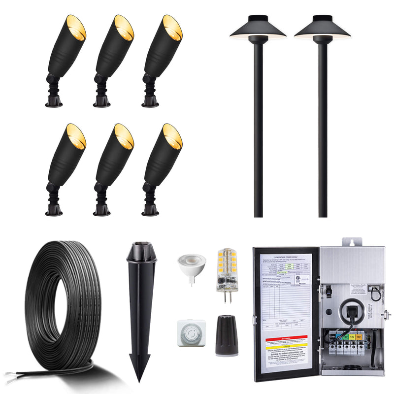 Gardenreet Brass Landscape Lighting Kit (6/8/12 Spotlights, 2/4/6 Path Lights) With 12V Transformer and Mechanical Timer and Cable and Wire Connectors for Outdoor Garden Patio Driveway (2105+2401)