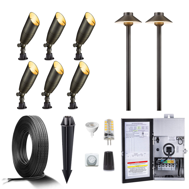 Gardenreet Brass Landscape Lighting Kit (6/8/12 Spotlights, 2/4/6 Path Lights) With 12V Transformer and Mechanical Timer and Cable and Wire Connectors for Outdoor Garden Patio Driveway (2105+2401)