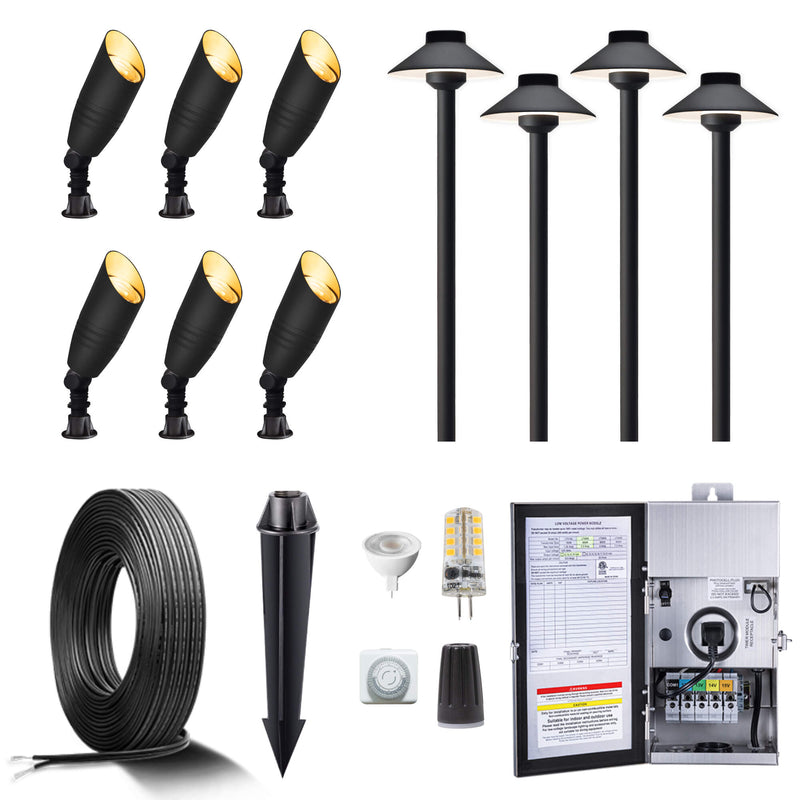 Gardenreet Brass Landscape Lighting Kit (6/8/12 Spotlights, 2/4/6 Path Lights) With 12V Transformer and Mechanical Timer and Cable and Wire Connectors for Outdoor Garden Patio Driveway (2105+2401)