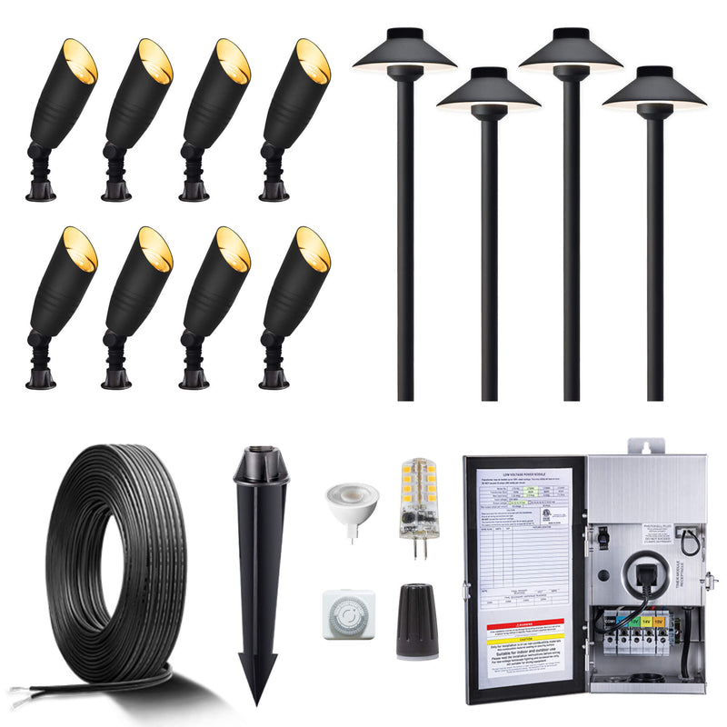 Gardenreet Brass Landscape Lighting Kit (6/8/12 Spotlights, 2/4/6 Path Lights) With 12V Transformer and Mechanical Timer and Cable and Wire Connectors for Outdoor Garden Patio Driveway (2105+2401)