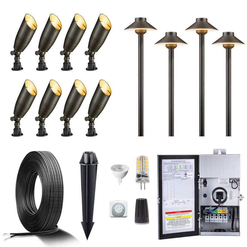 Gardenreet Brass Landscape Lighting Kit (6/8/12 Spotlights, 2/4/6 Path Lights) With 12V Transformer and Mechanical Timer and Cable and Wire Connectors for Outdoor Garden Patio Driveway (2105+2401)