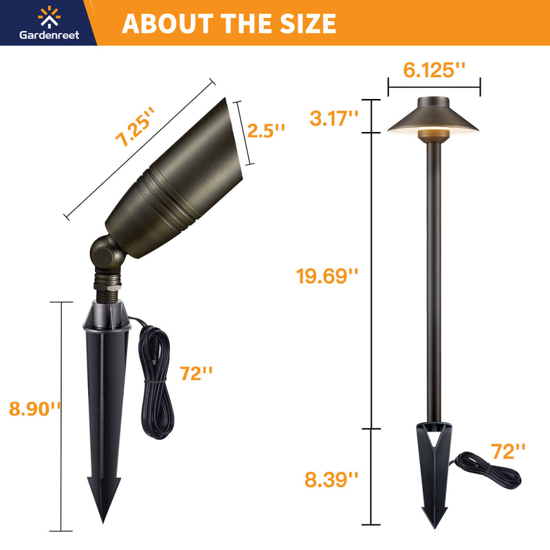 Gardenreet Brass Landscape Lighting Kit (6/8/12 Spotlights, 2/4/6 Path Lights) With 12V Transformer and Mechanical Timer and Cable and Wire Connectors for Outdoor Garden Patio Driveway (2105+2401)