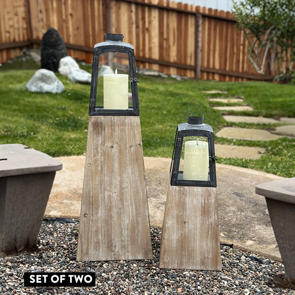 Removable Metal Lanterns with Wood Base, Set of Two