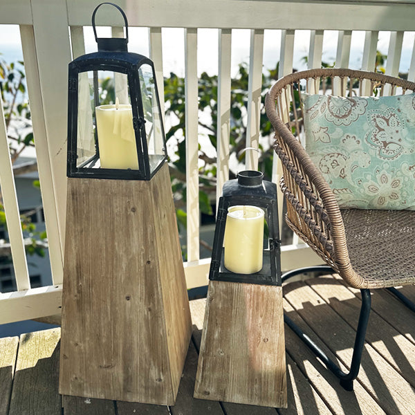 Removable Metal Lanterns with Wood Base, Set of Two