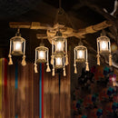 GobekUsa Lantern Restaurant Island Light - Clear Glass & Wood Hanging Lamp with 6 Lights