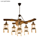 GobekUsa Lantern Restaurant Island Light - Clear Glass & Wood Hanging Lamp with 6 Lights