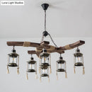 GobekUsa Lantern Restaurant Island Light - Clear Glass & Wood Hanging Lamp with 6 Lights
