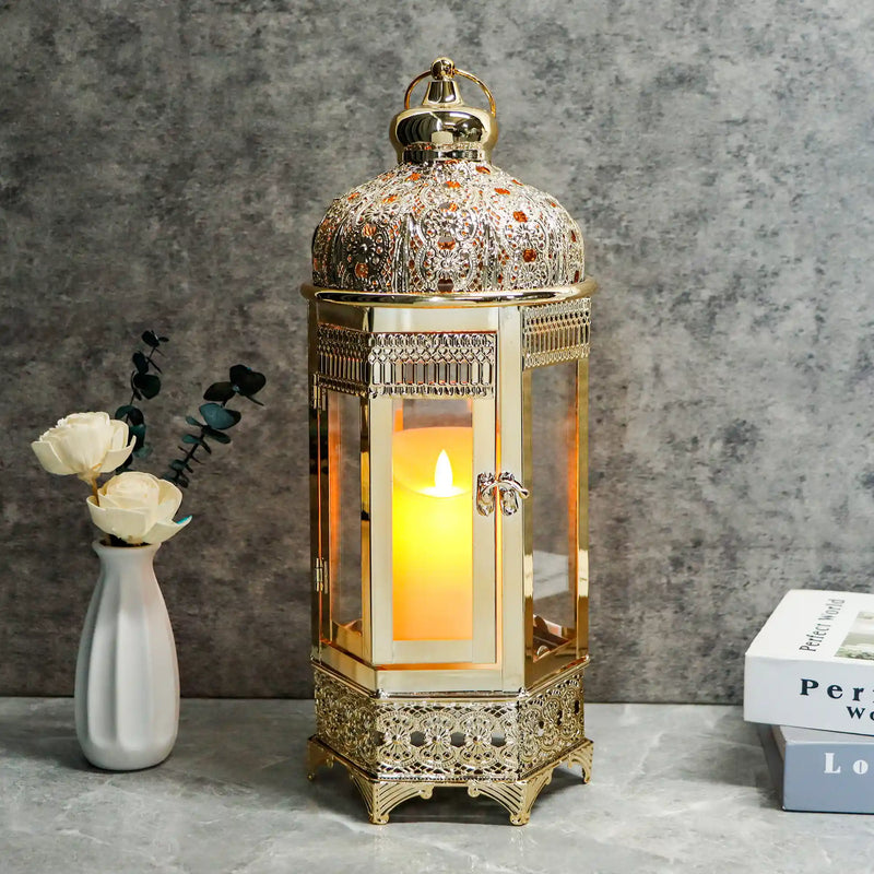 Moroccan Candle Lantern 16'' Gold Hexagonal Candle Holder, photo 2 of 6