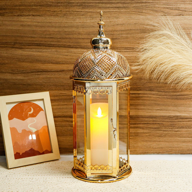 Moroccan Candle Lantern 17'' Gold Hexagonal Candle Holder, photo 4 of 6
