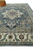 Large 9x12 Living Room Wool Rug, Hand Knotted Ivory, Charcoal and Olive Traditional Design by The Rug Decor