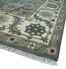 Large 9x12 Living Room Wool Rug, Hand Knotted Ivory, Charcoal and Olive Traditional Design by The Rug Decor