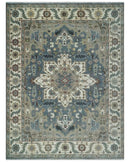 Large 9x12 Living Room Wool Rug, Hand Knotted Ivory, Charcoal and Olive Traditional Design by The Rug Decor