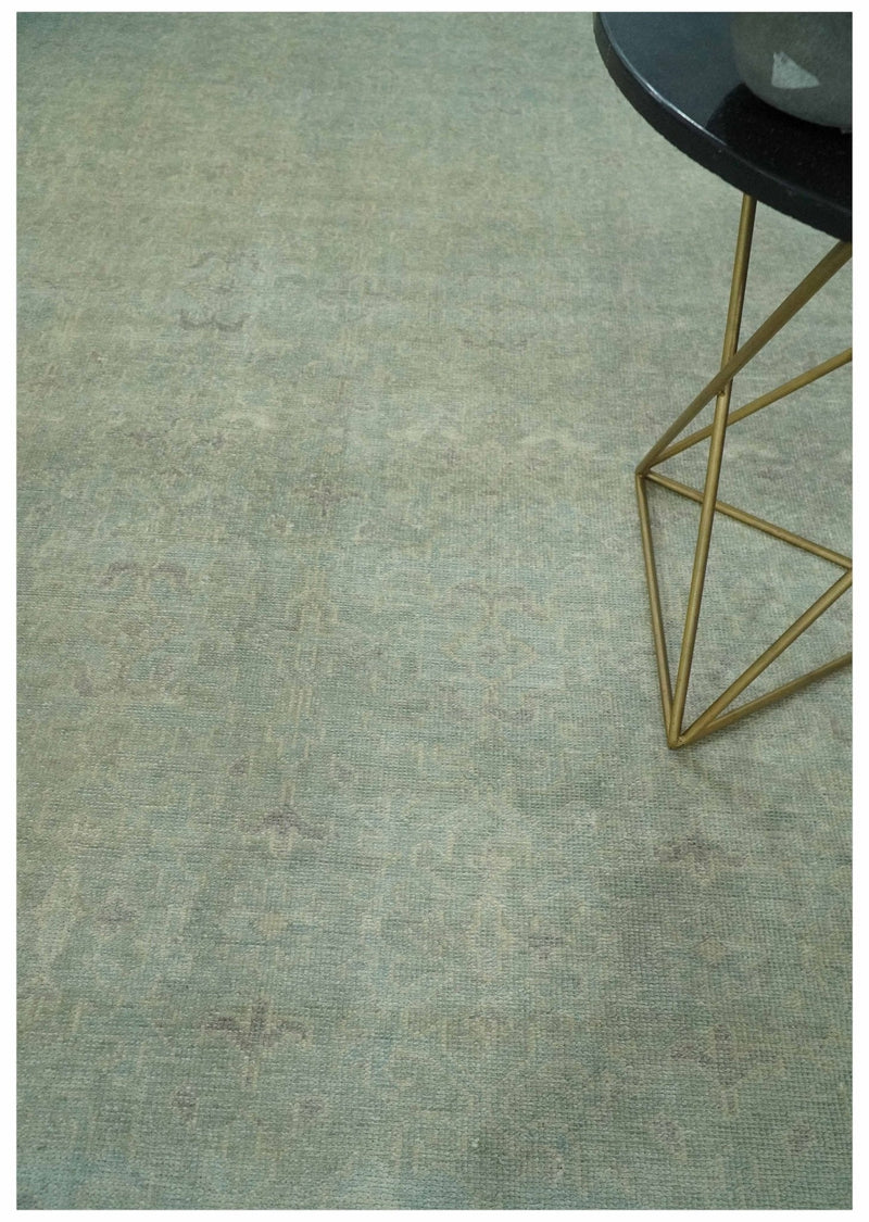 Large 9x12 Traditional Antique Style Beige and Aqua Turkish Knot Wool Rug