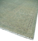 Large 9x12 Traditional Antique Style Beige and Aqua Turkish Knot Wool Rug
