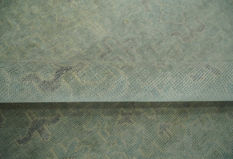 Large 9x12 Traditional Antique Style Beige and Aqua Turkish Knot Wool Rug