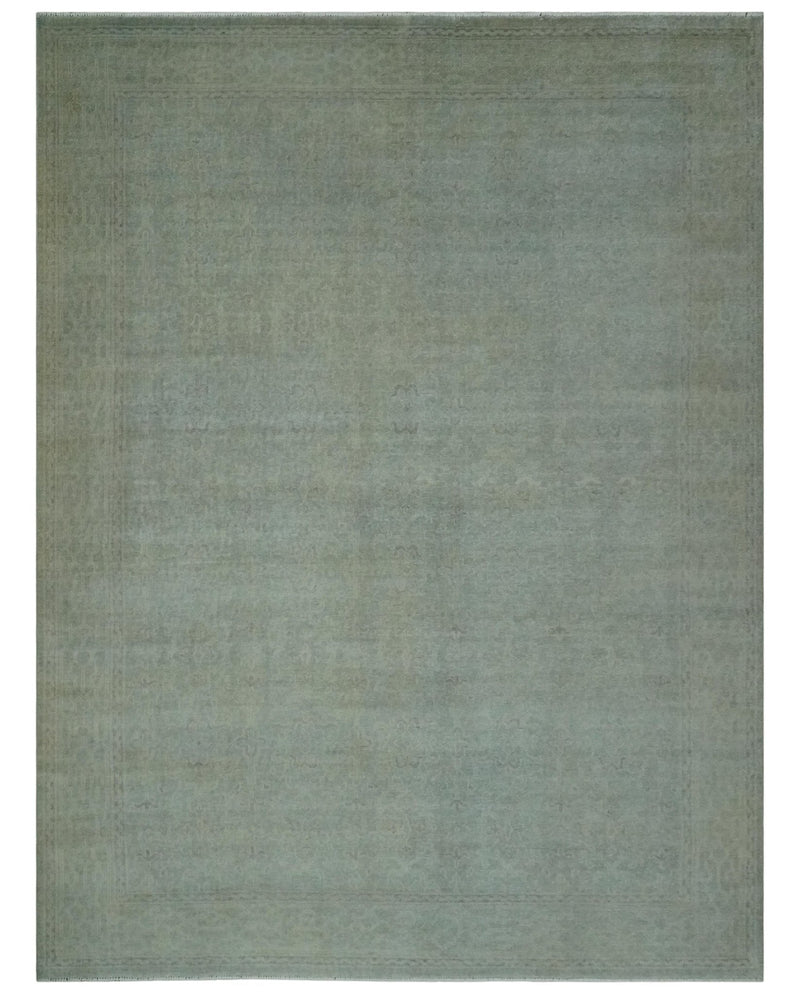 Large 9x12 Traditional Antique Style Beige and Aqua Turkish Knot Wool Rug