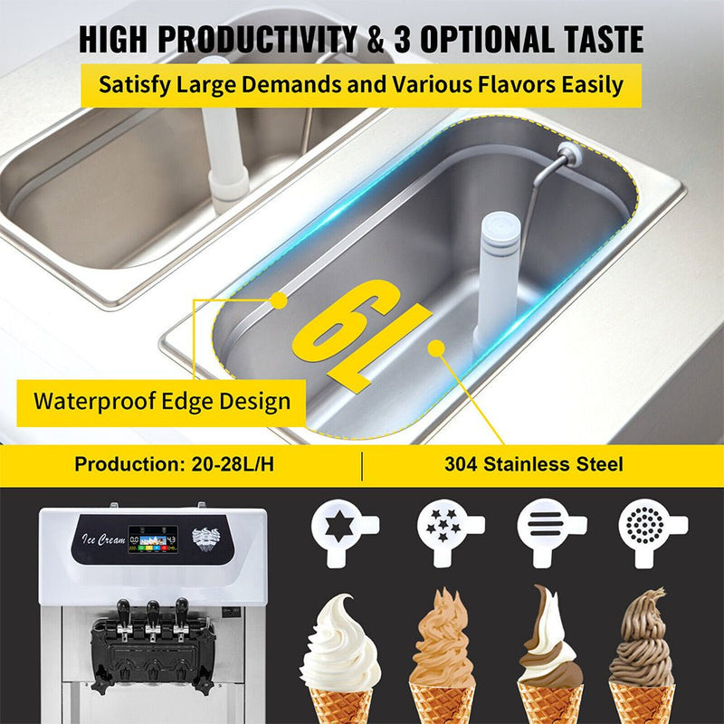 Large Double Hopper Commercial Soft Serve Ice Cream Maker Machine W/ 3 Flavors, 18-28 L/H (98371425)