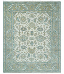 Wool Hand Knotted Oushak Area Rug - Teal Ivory Beige Oriental by The Rug Decor